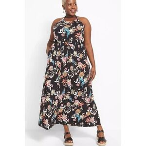 Lane Bryant Black Halter Tie-Neck‎ Floral Maxi Dress Size 18/20 Boho Beach NEW